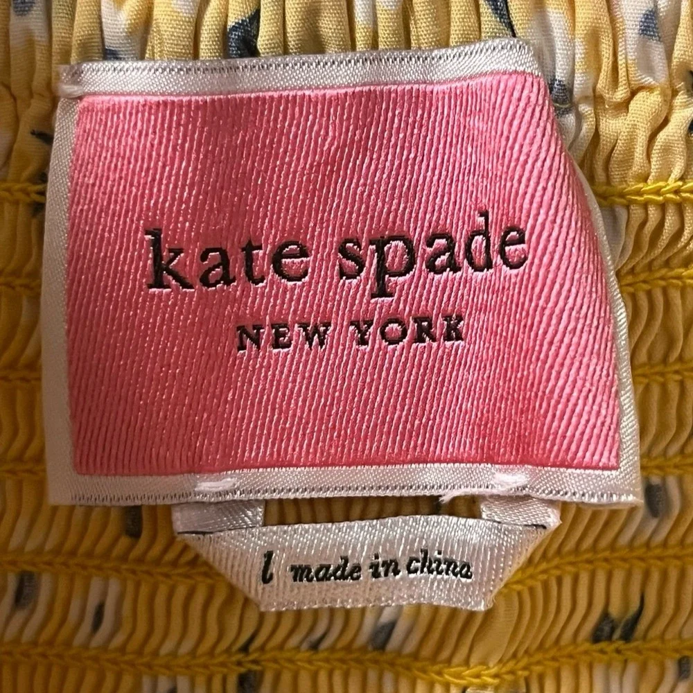 Kate Spade Yellow Floral Midi Fleurette Toss Smocked Dress Cottage Spring Size L